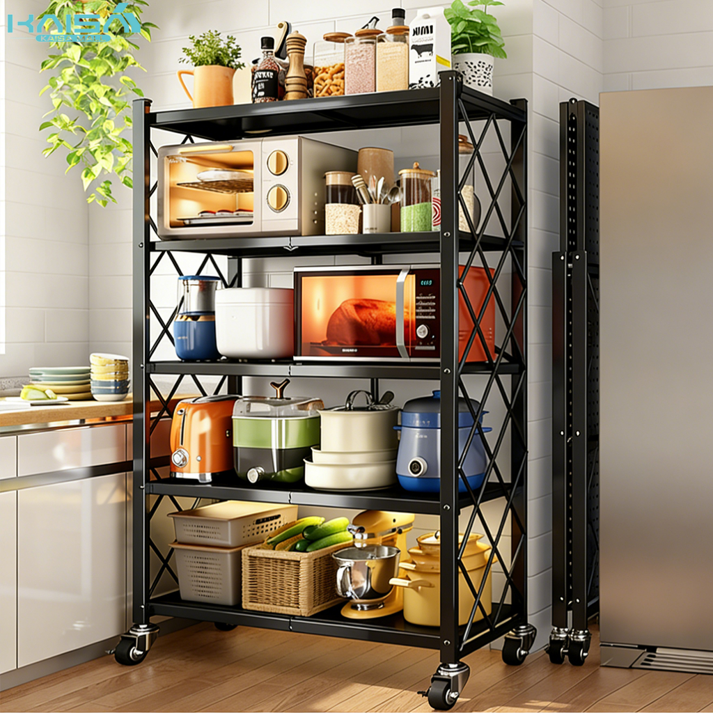 Foldable Storage Rack With Wheels Movable Trolley Rak Dapur Serbaguna ...