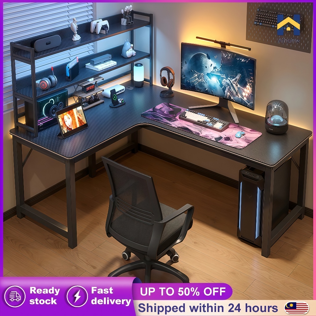 AH L Shape Gaming Desk Meja Komputer Corner Workstation With Bookshelf ...