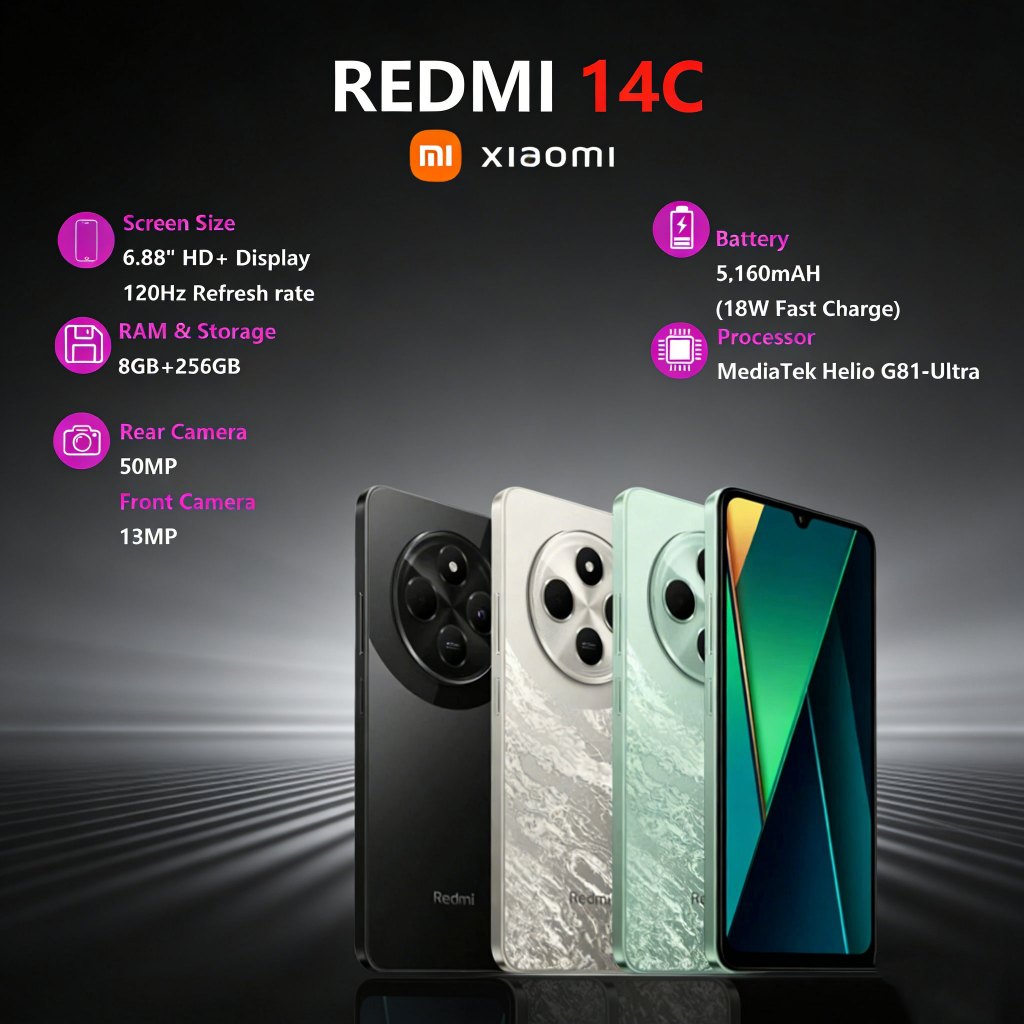 Redmi 14c |50MP AI dual camera 5160mAh ultra long battery life|6.88" Display, 120Hz refresh rate