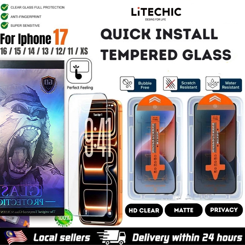 QUICK installation Tempered Glass iPhone 17 Pro max 16 AIR 16E 15 plus 14 13 12 11 XS X XR screen protector Full Clear