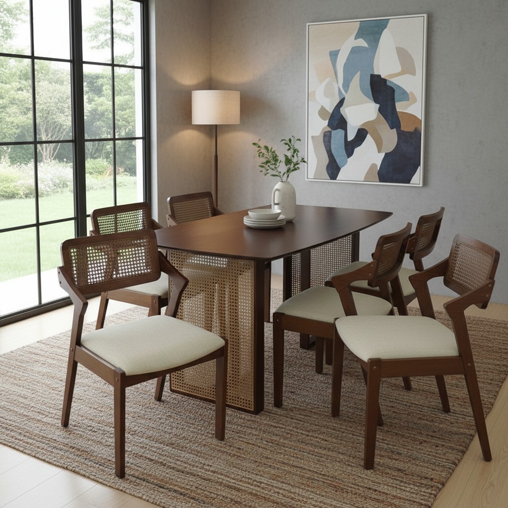 ️FS2U Muji Rattan Solid Wood Dining Set Walnut Color Meja Makan 6 ...