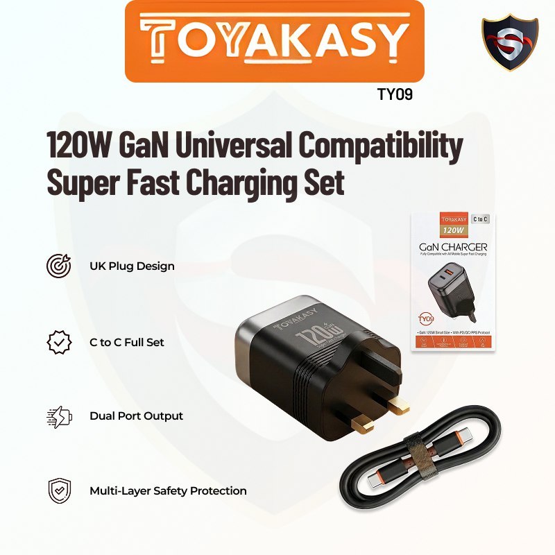 TOYAKASY 120W GaN Fast Charger Set UK Plug Dual Port PD QC PPS Type C to C Cable for Laptop Phone Tablet TY09