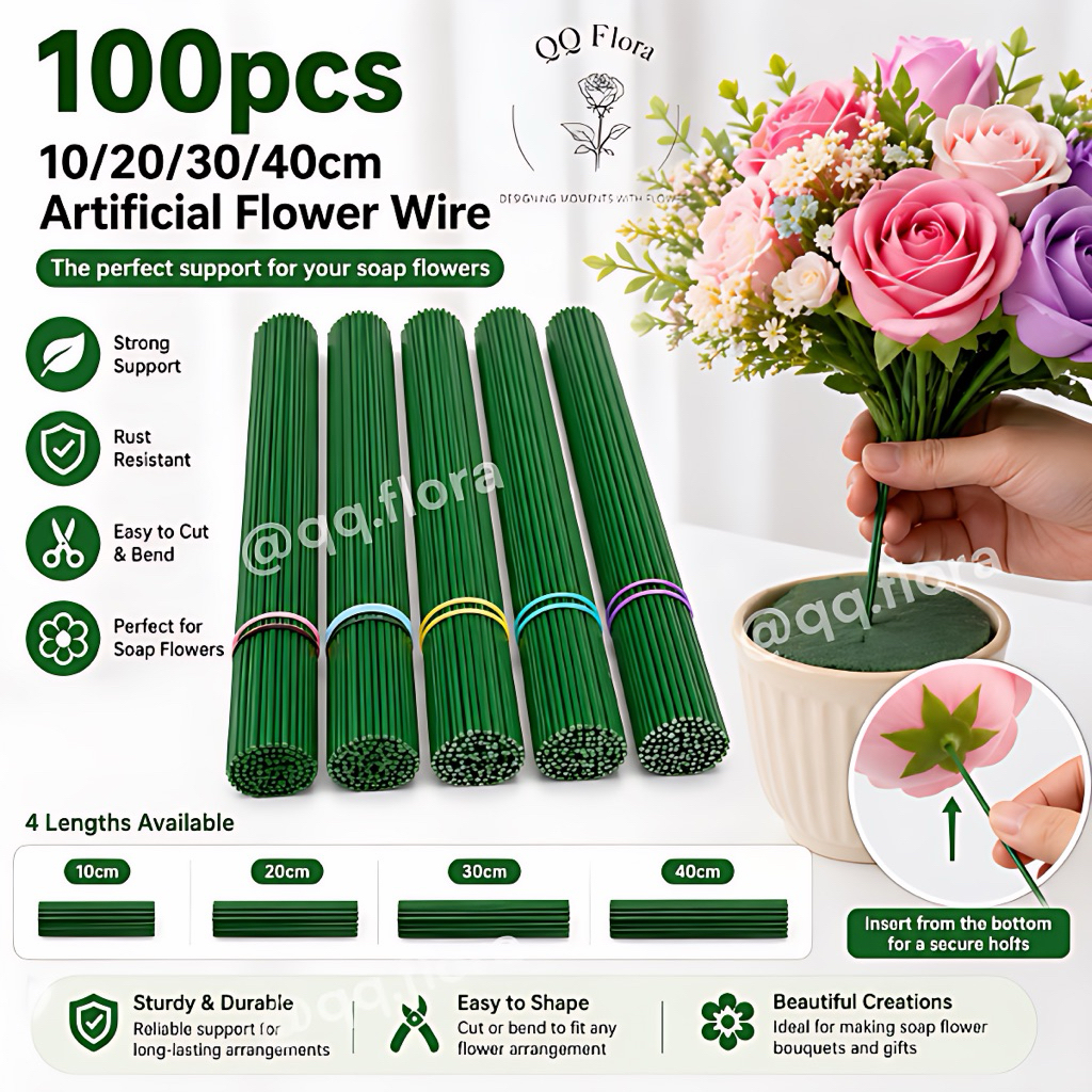 100pcs 10/20/30/40cm Artificial Flower Wire Rose Pole Soap Iron Stick ...