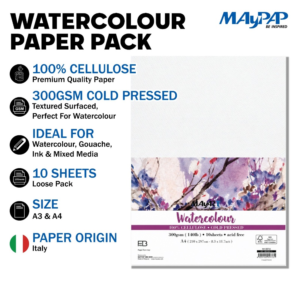 MayArt FB Watercolour Paper Pack 300gsm 100% Cellulose Cold Pressed A3 ...