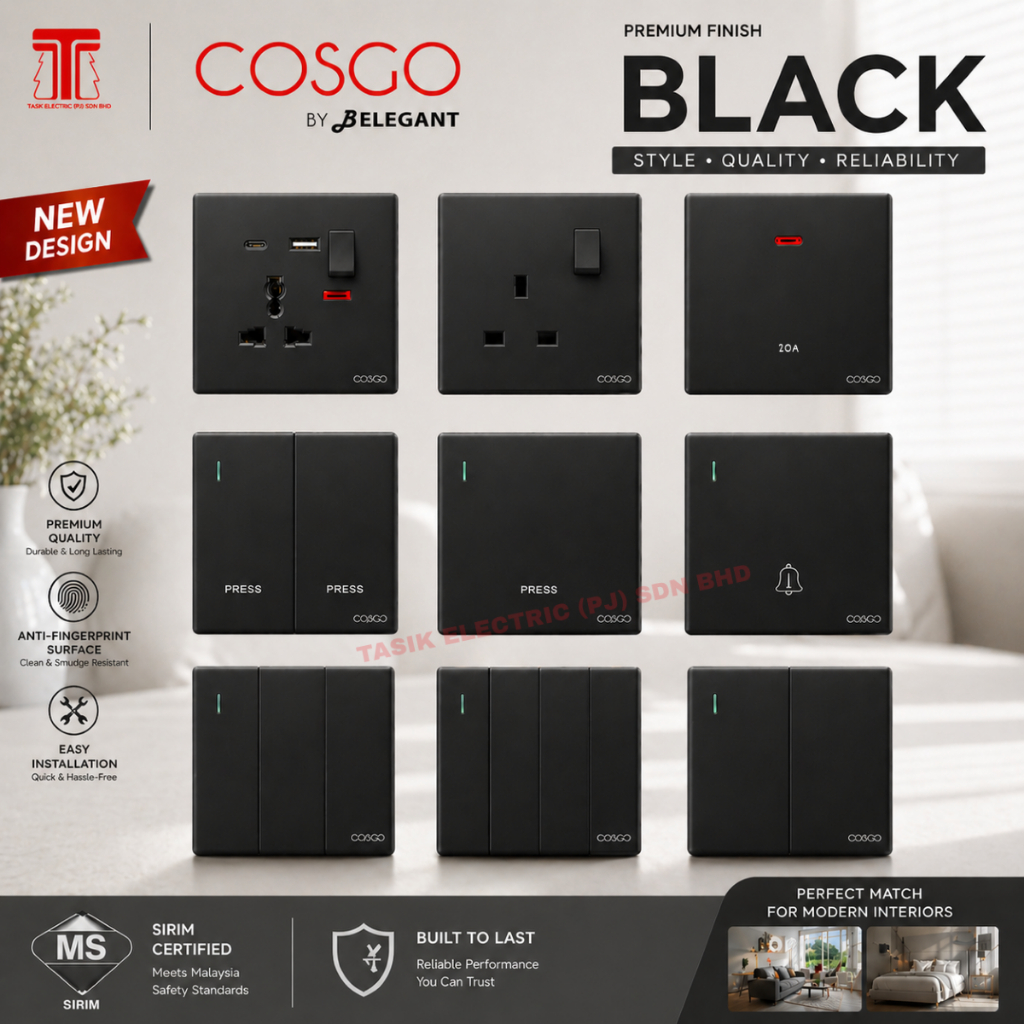 Cosgo Premium BLACK Switch & Socket (13A/15A/20A/1G/2G/3G/4G) Suis ...