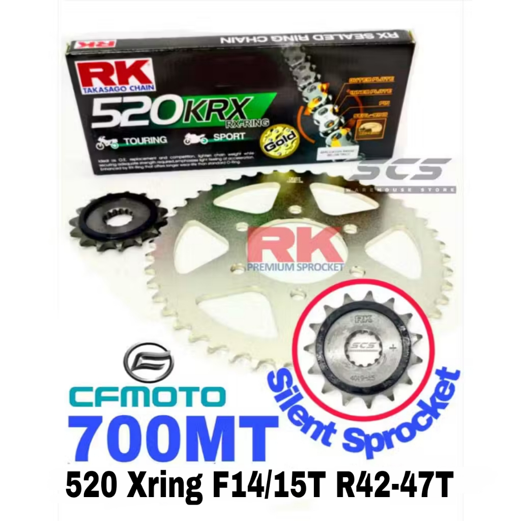 RK Sprocket Set CF MOTO 700MT RK 520 KRX X-Ring Black Gold Chain Silent ...