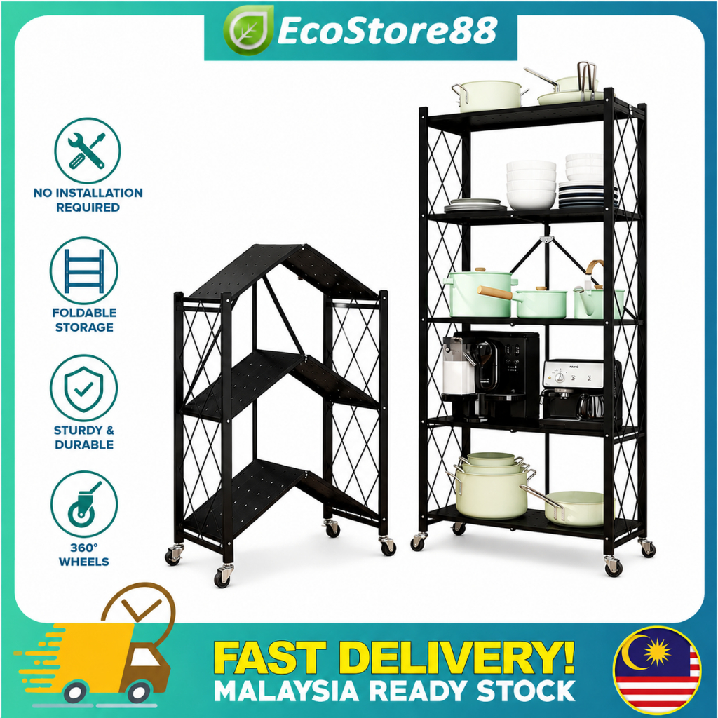 Foldable Storage Rack 3-5 Layer With Wheels Moveable Rak Dapur Cabinet ...