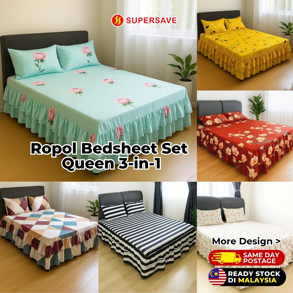 SUPERSAVE 3 IN 1 Cadar Ropol Bedsheet Bedskirt Queen King Single Sarung ...