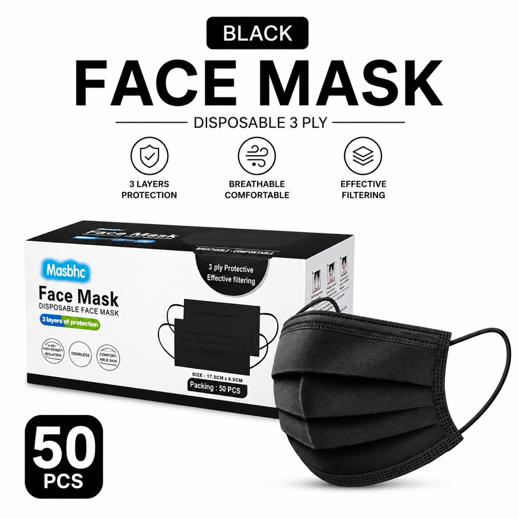 50pcs Full Black colour 3ply Face mask non Medical Disposable Mask ...