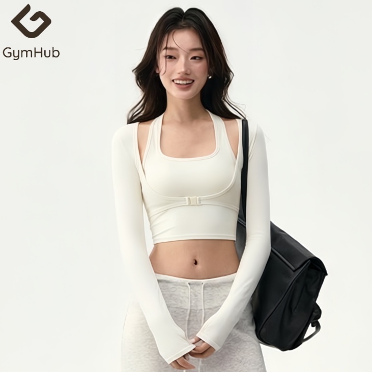 GymHub Long Sleeve Yoga Top with Bra, Faux Two-Piece for Running ...