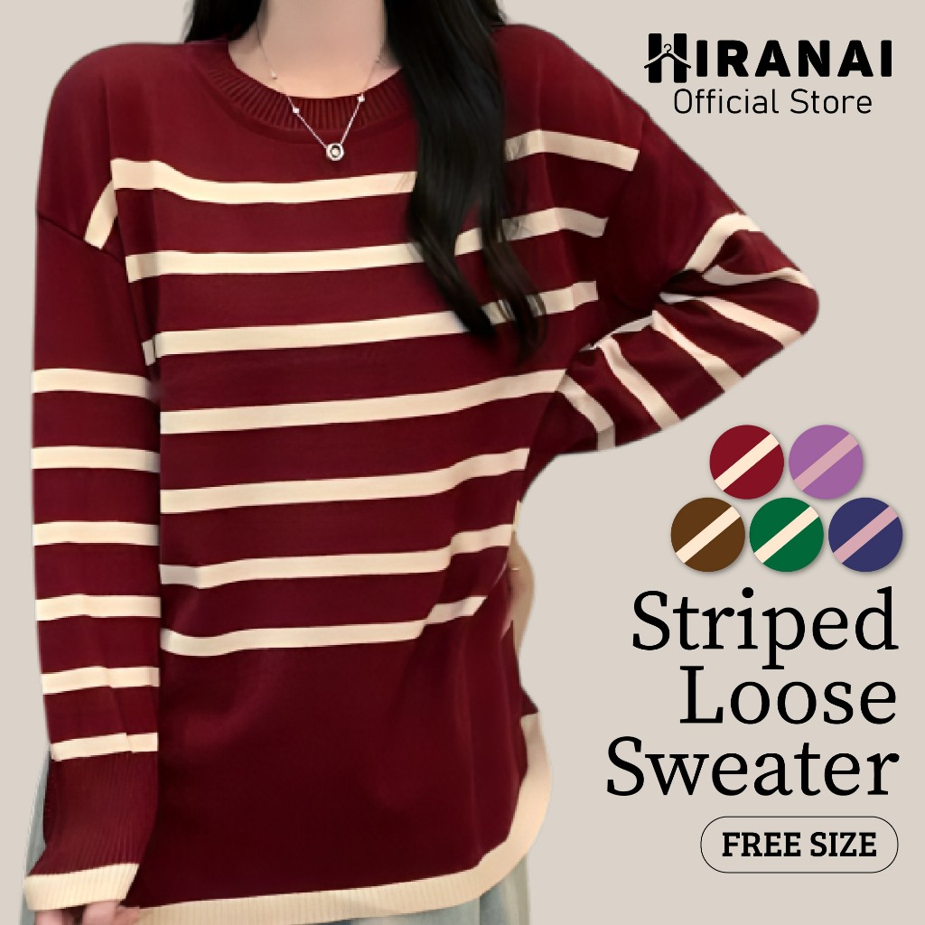 Women Striped Baju Knitted Sweater Ladies Long Sleeve Knit Top Korean ...