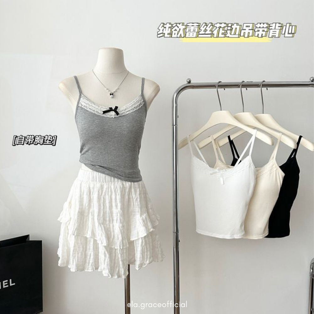 【LA.GRACE OFFICIAL】Lace Trim Ribbed Cami Top | Slim Fit Spaghetti Strap ...