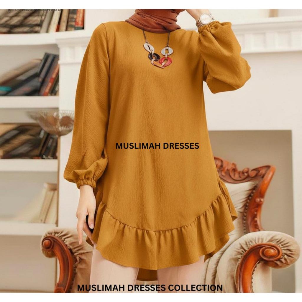BLOUSE MUSLIMAH LABUH WOMEN BLOUSES SOLID O-NECK RUFFLE BLOUSE CASUAL ...