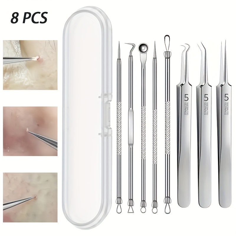 8-Piece Stainless Steel Pimple Clip Tweezers Set Blackhead Remover Kit ...
