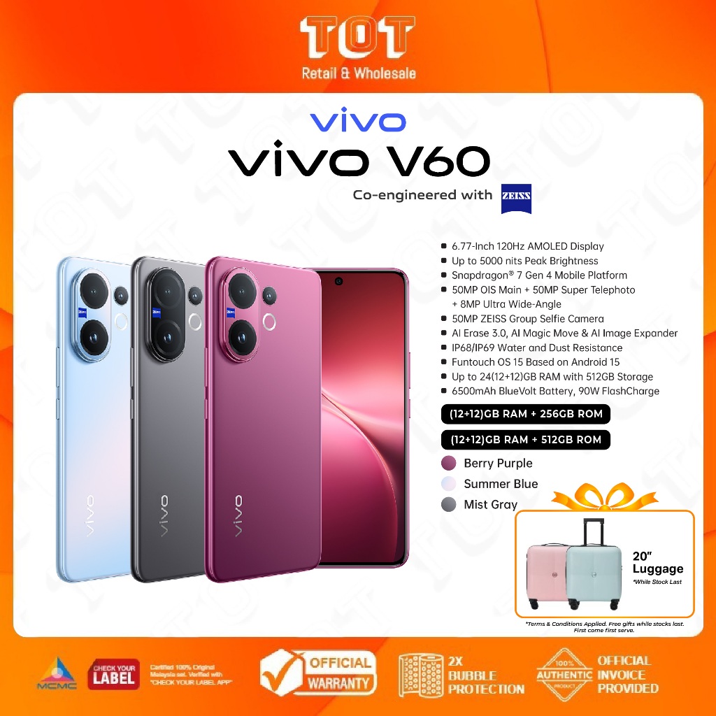 Vivo V60 5G (12GB+256GB/512GB) 6.77″ AMOLED 120Hz RefreshRate I ...