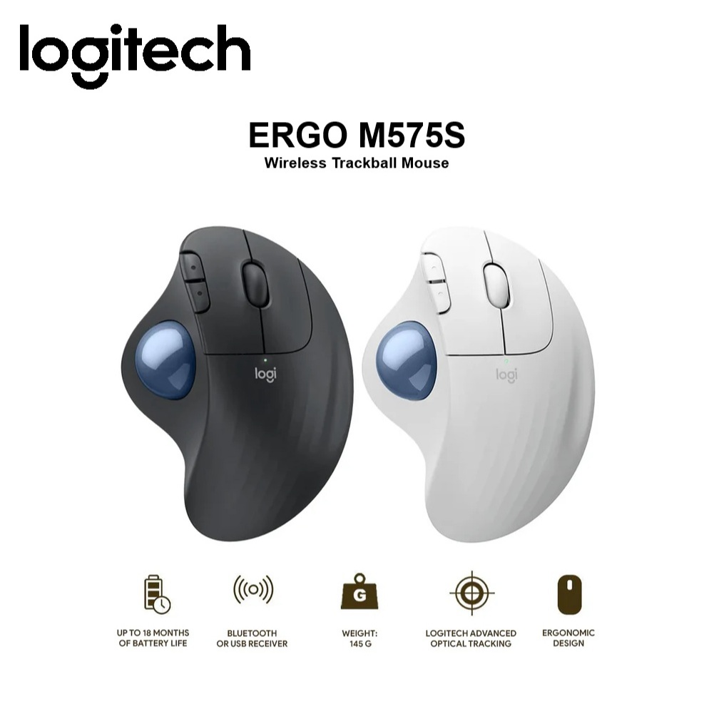 Logitech ERGO M575S Wireless Trackball Mouse, draadloze ergonomische muis met Bluetooth en versleutelde dongle, comfortabele duimbediening, nauwkeurige en soepele tracking, voor pc/Mac - Wit