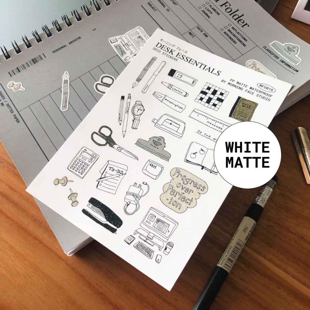 Desk Essentials Sticker Sheet (White Matte Waterproof Sticker, Morning ...