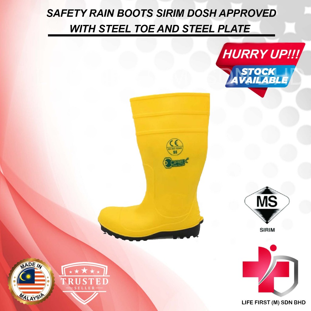 OREX SAFETY RAIN BOOTS SIRIM WITH STEEL TOE AND STEEL PLATE | Shopee ...
