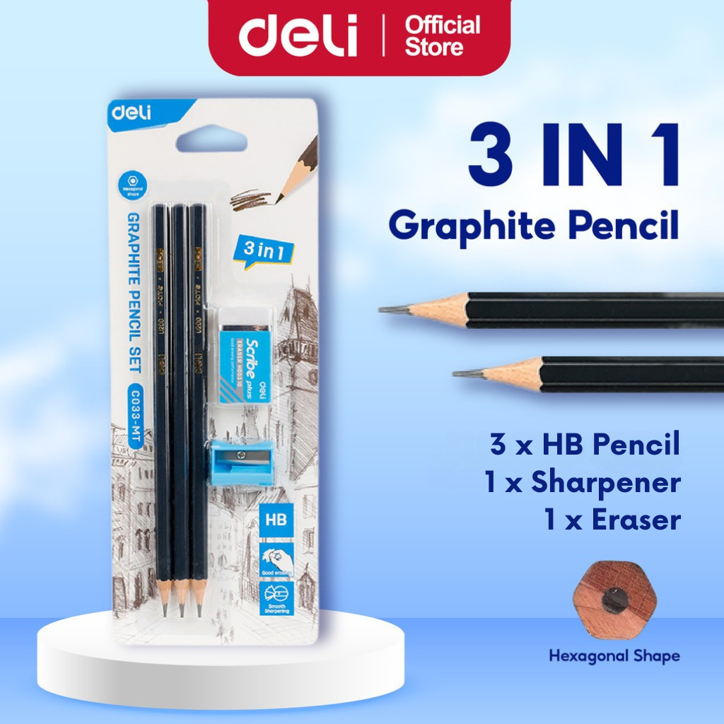 Deli Scribe HB Graphite Pencil Set Eraser Sharpener School Exam Kit Set ...
