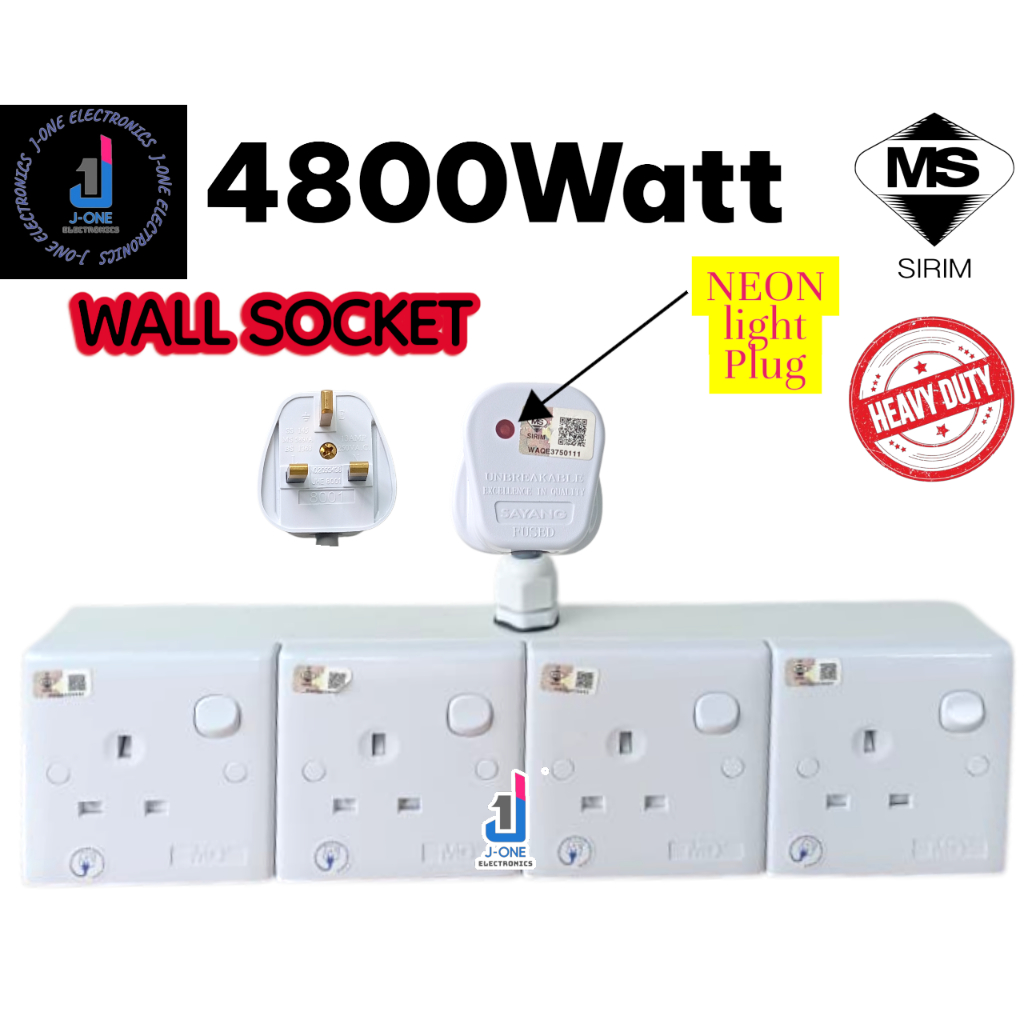 PVC WALL SOCKET HEAVY DUTY 2 /3/ 4 Gang Wall Socket 3800WATT 3PIN NEON ...