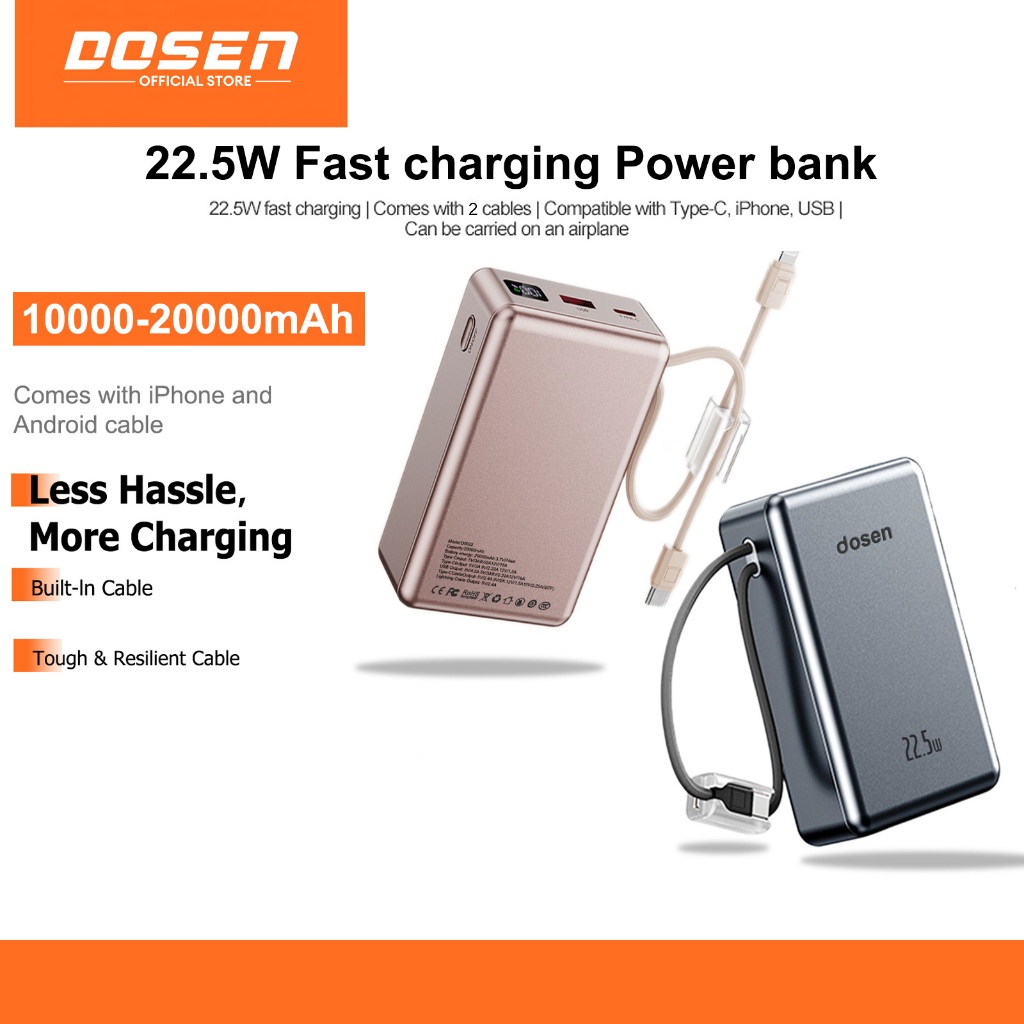 【3C Certified】Dosen Original D001 Powerbank fast charging 22.5W 10000mAh 20000mAh Portable Comes with double lines
