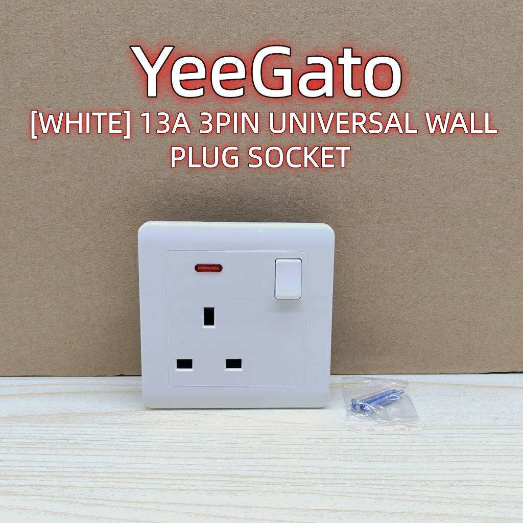 [WHITE] 13A 3PIN UNIVERSAL WALL PLUG SOCKET WITH ON/OFF SWITCH & LED ...
