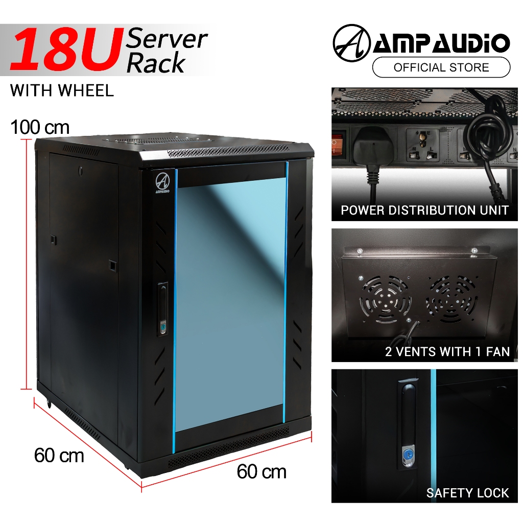 AmpAudio 18U Server Rack Cabinet Glass Door with PDU & Free Tray ...
