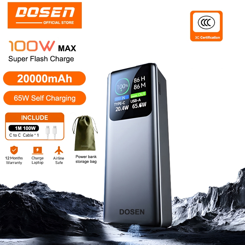 【3C Certification】DOSEN 100W Super Fast Charging 20000mAh Powerbank Xiaomi Samsung iP16/15/14 Laptop & Phone Portable