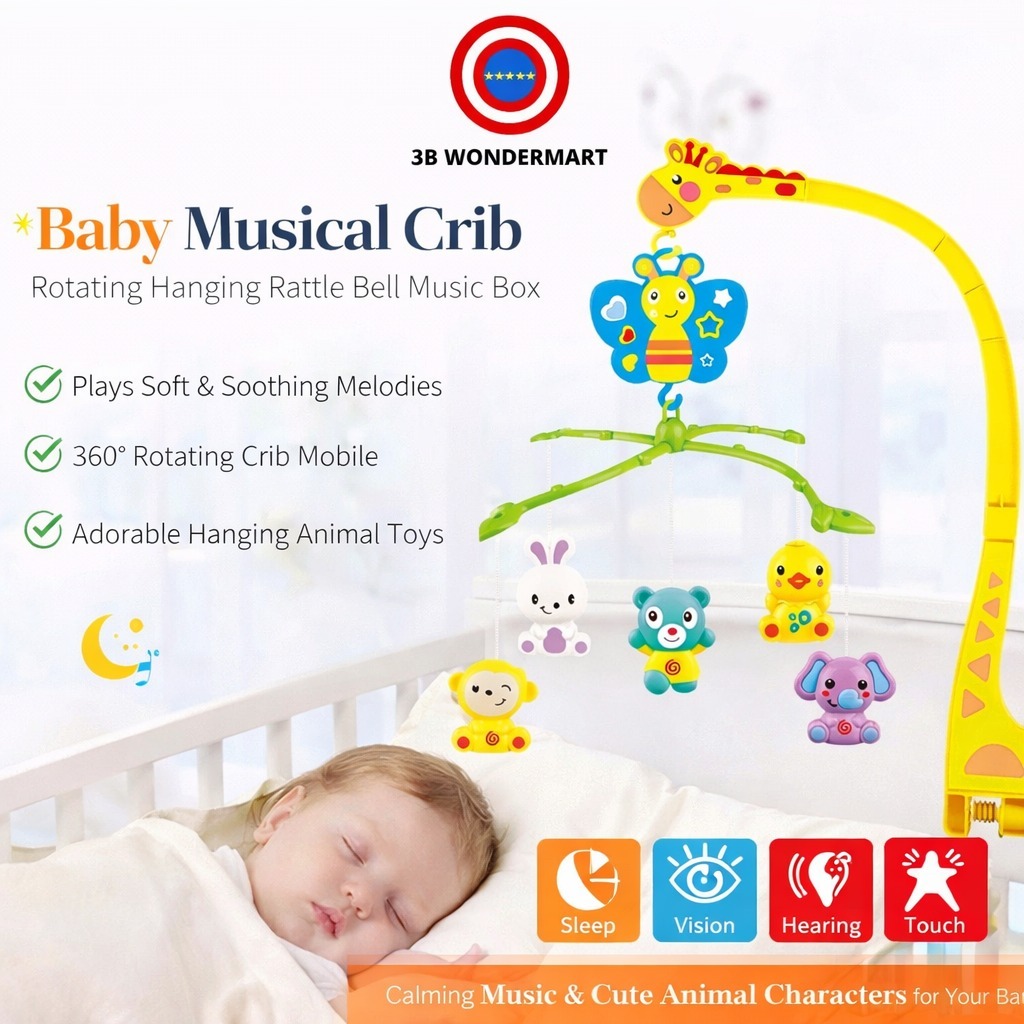 Baby Musical Crib with Rotating Hanging Rattle Bell Music Box Baby Bed ...