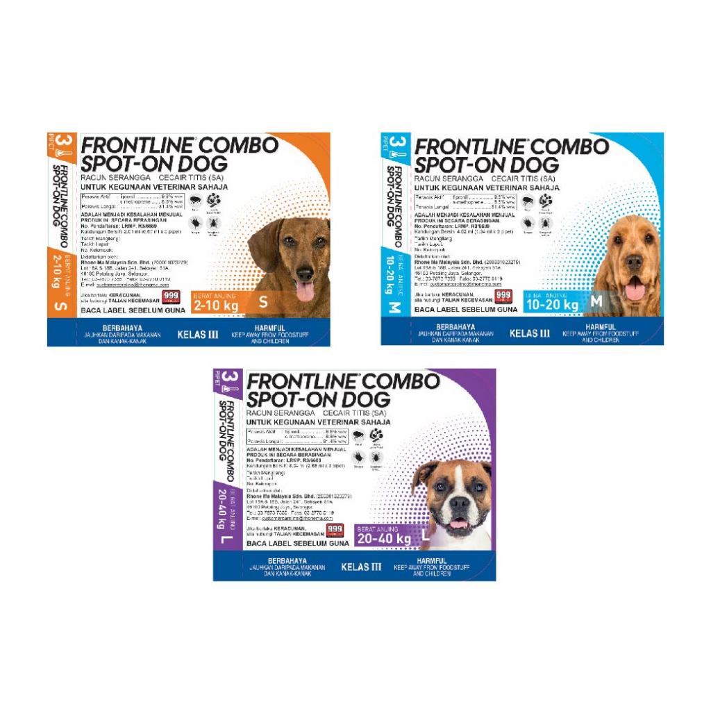 Frontline Combo Spot On Dog S/M/L - 1 box (3 pipet) Flea & Tick Ubat ...