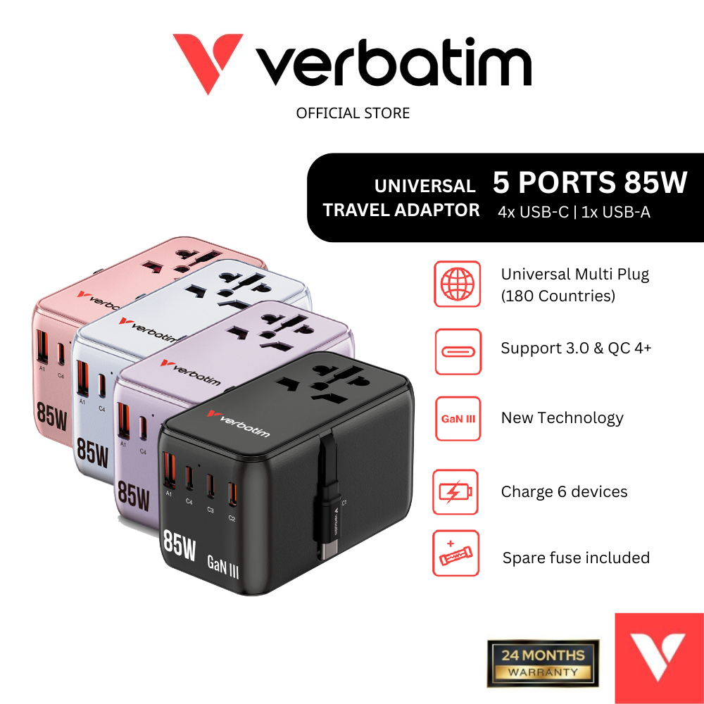 Verbatim 30176 30177 30178 30179 5-Ports 85W GaN Universal Travel ...