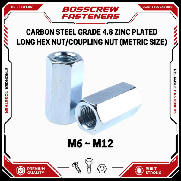 Zinc Plated - Hex Long Nut/Coupling Nut M6 ~ M12 (Stud Rod Extention ...