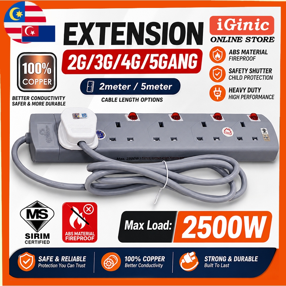 [SIRIM]⚡Surge Protection Extension Trailing Socket 2/3/4/5 Way | 2M 5M ...
