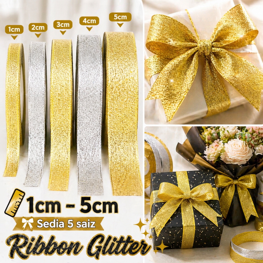 1CM / 2CM / 3cm / 4cm and 5cm Premium Glitter Ribbon Satin Silk Ribbon ...