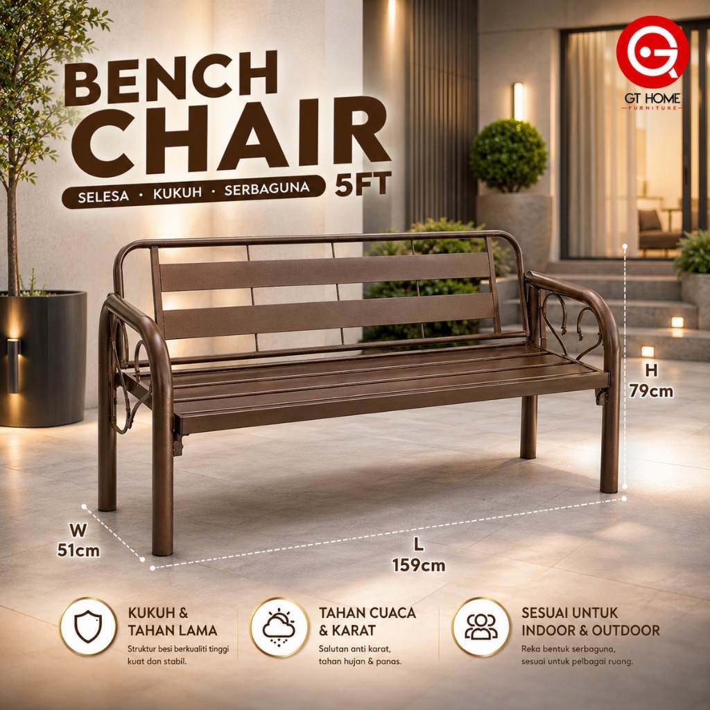 [READY STOCK KEDAH]GT HOME 5ft Bench Chair 3 Seater Long Metal Garden ...