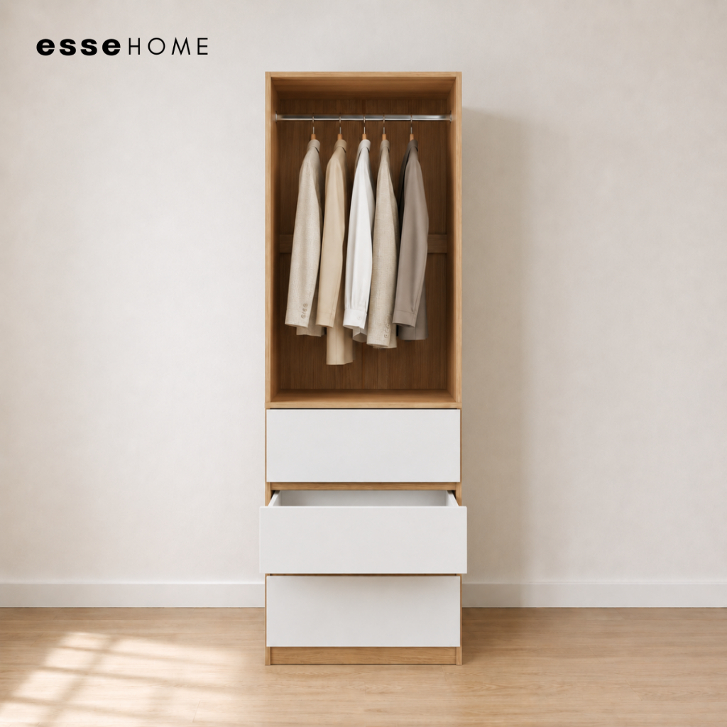 EsseHome Open Shelf Wardrobe 3 Drawer Cupboard Storage Cabinet Almari ...