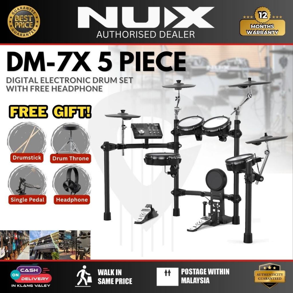 NUX DM-7X 5-Piece Digital Electronic Drum Set with FREE Headphone (DM7X ...