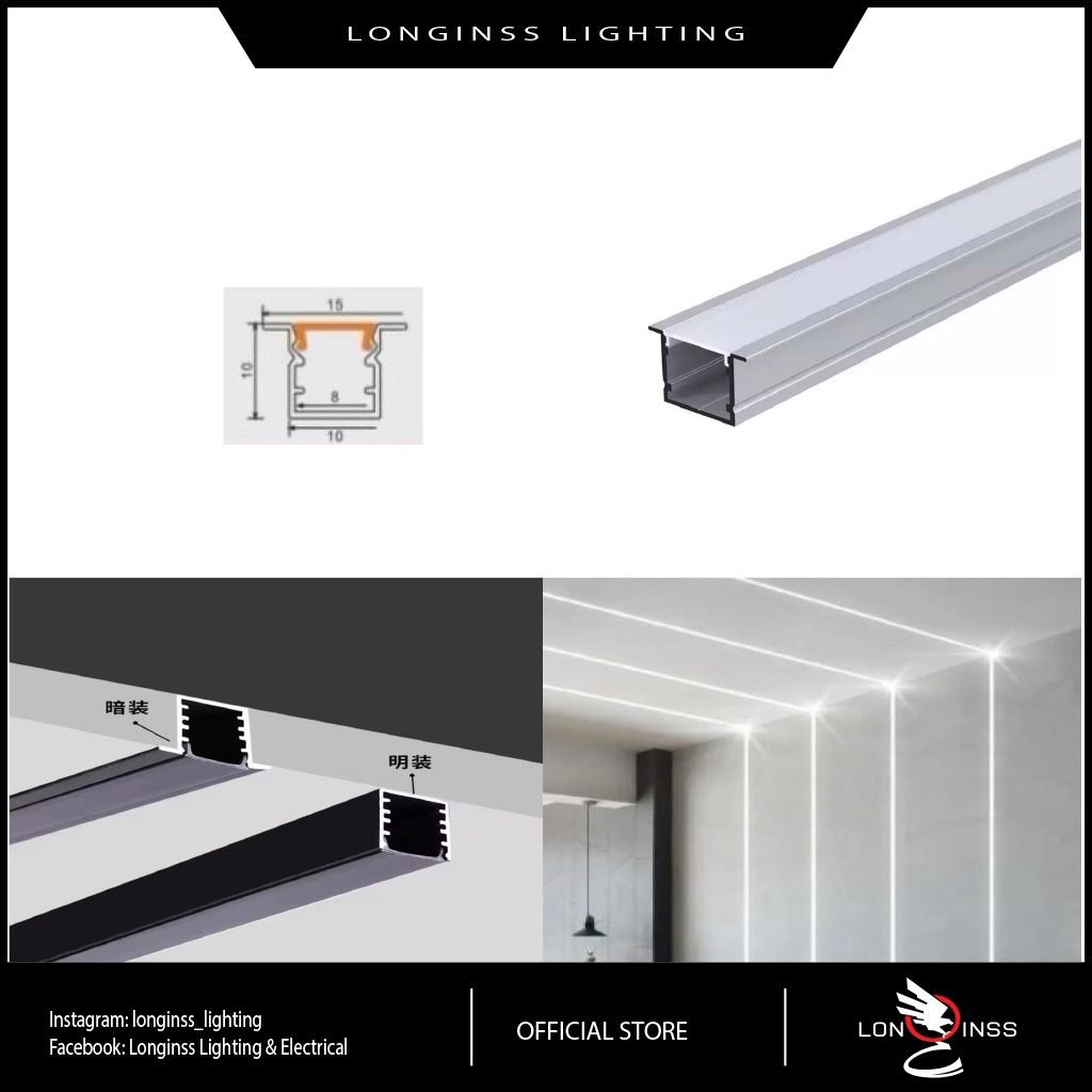LED Recessed Aluminium Profile Casing Silver + Cover White ( 10mm x ...