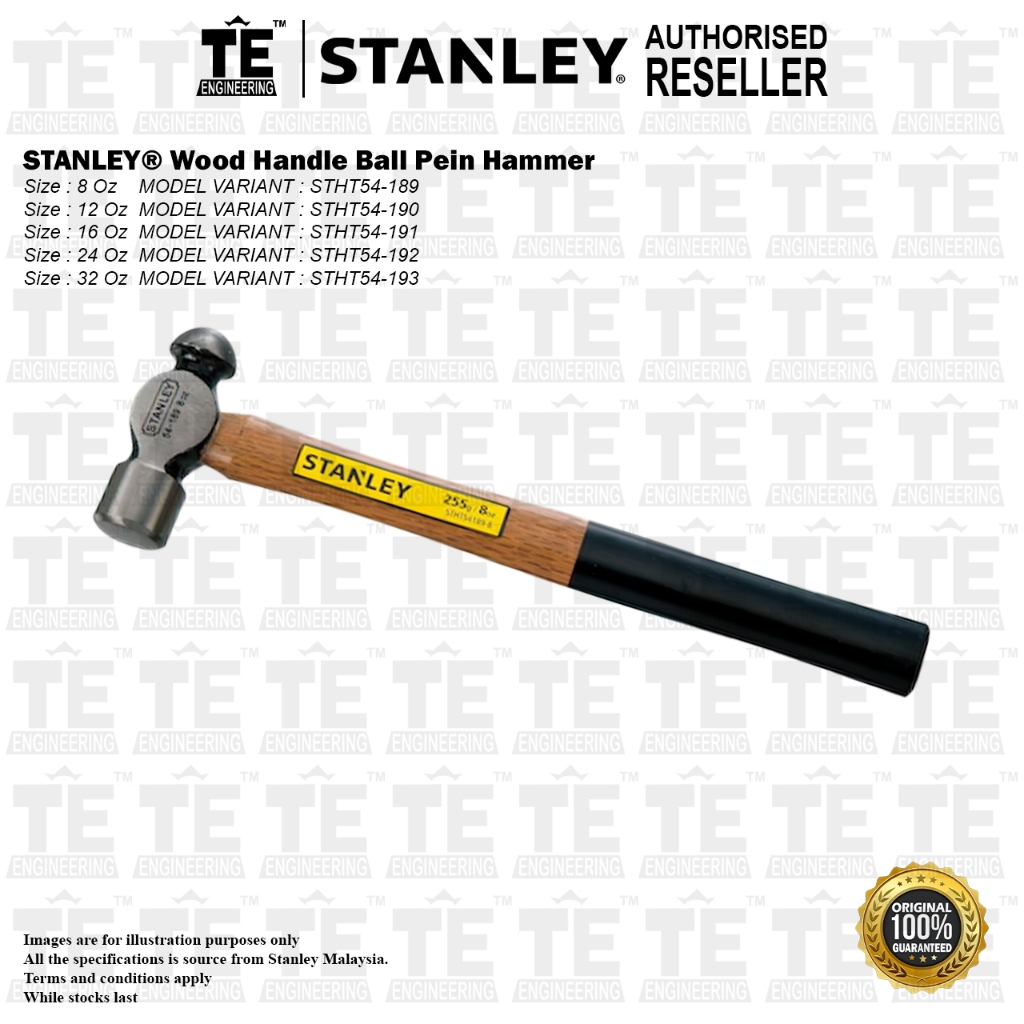 STANLEY Wood Handle Ball Pein Hammer 8oz STHT54189 / 12oz STHT54190 ...