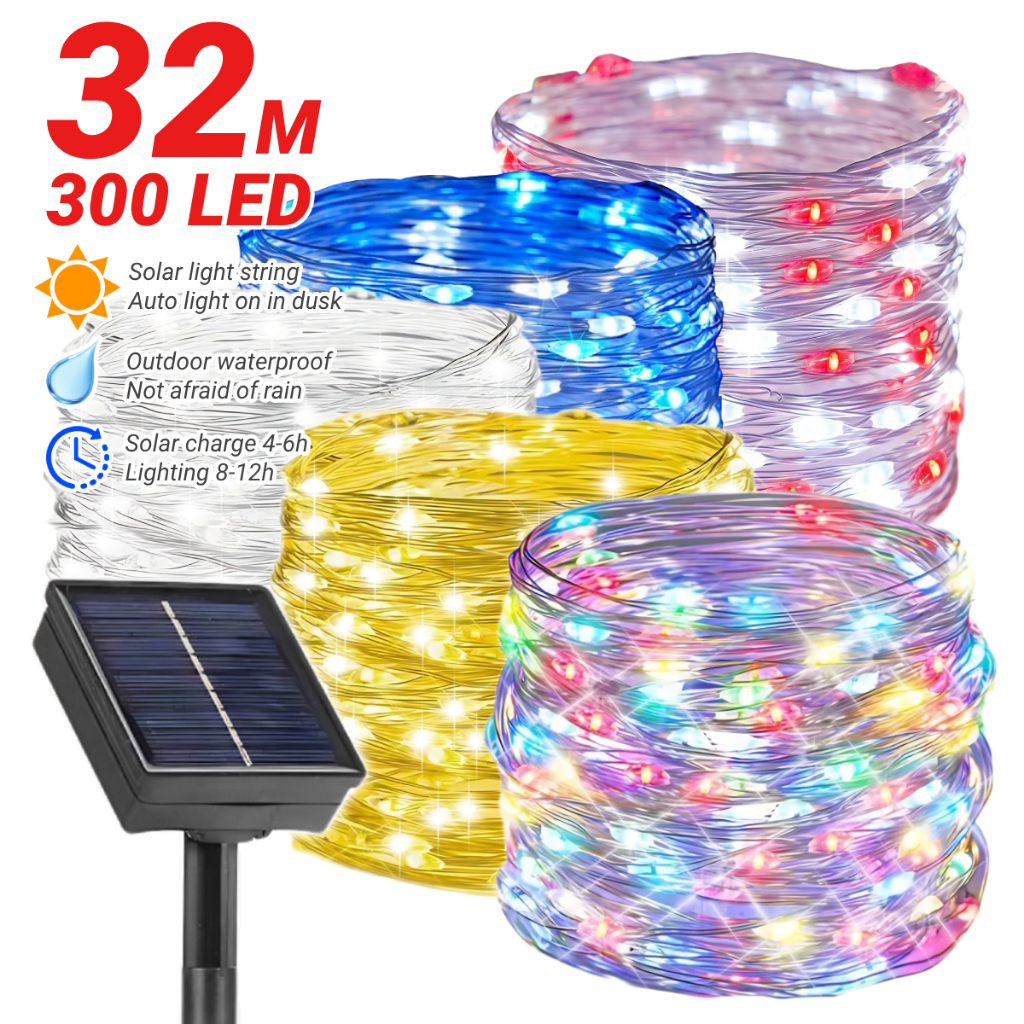 32M Solar Powered Copper Wire String Lights Outdoor Solar Fairy Light ...