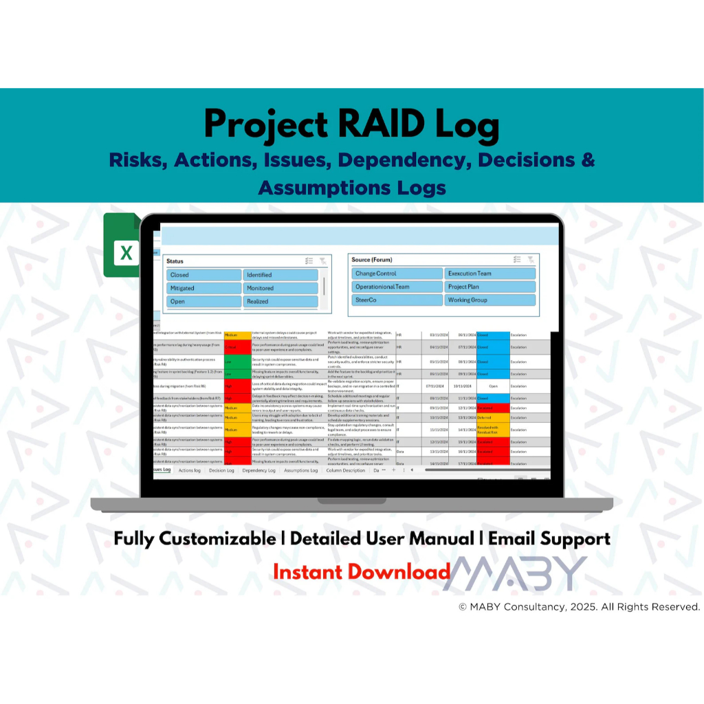 Risk Assessment Risk Log Issue log Project Management RAID Log PMO ...
