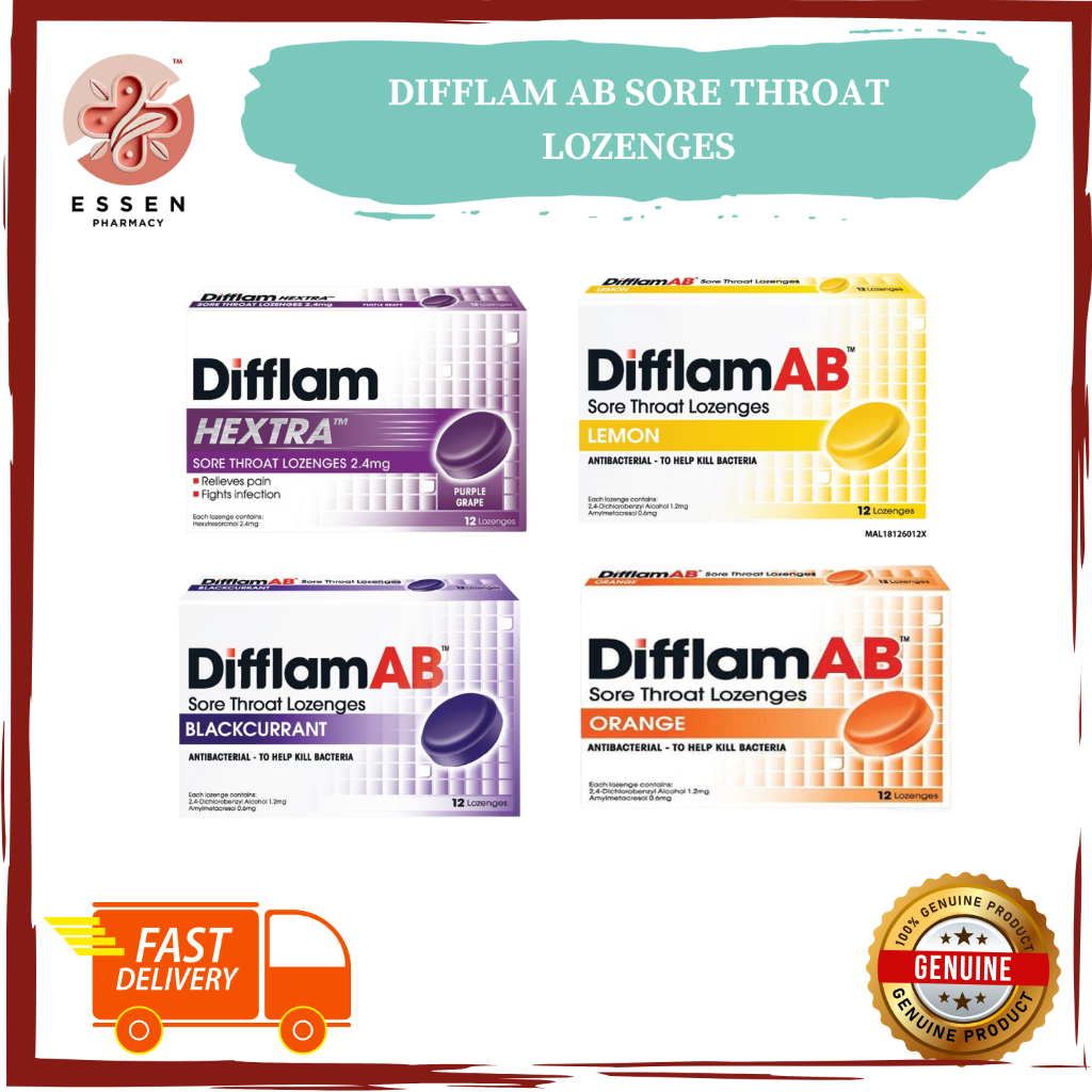 DIFFLAM AB SORE THROAT LOZENGES 12'S (BLACKCURRANT/ORANGE/HEXTRA/HONEY ...