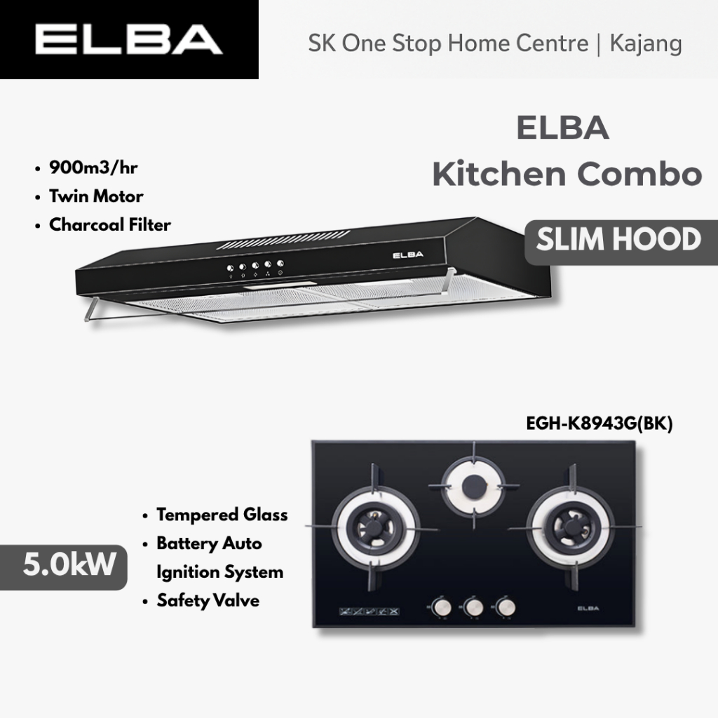 ELBA Kitchen Hood and Hob COMBO Set | ESH-M7598BK | SLIM Hood | 900m³ ...