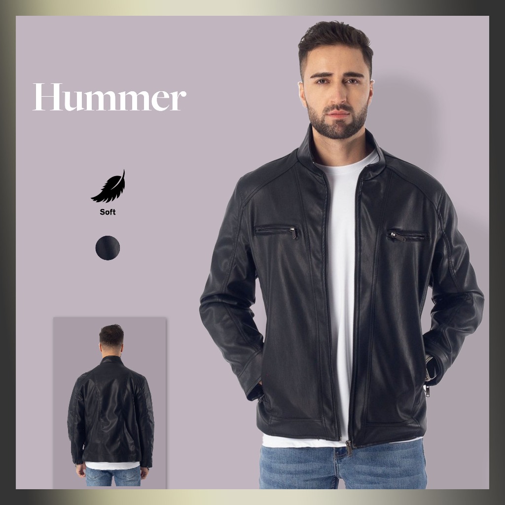 HUMMER High Collar Soft Fur Lining Zipper Pockets Men's Leather Jacket ...
