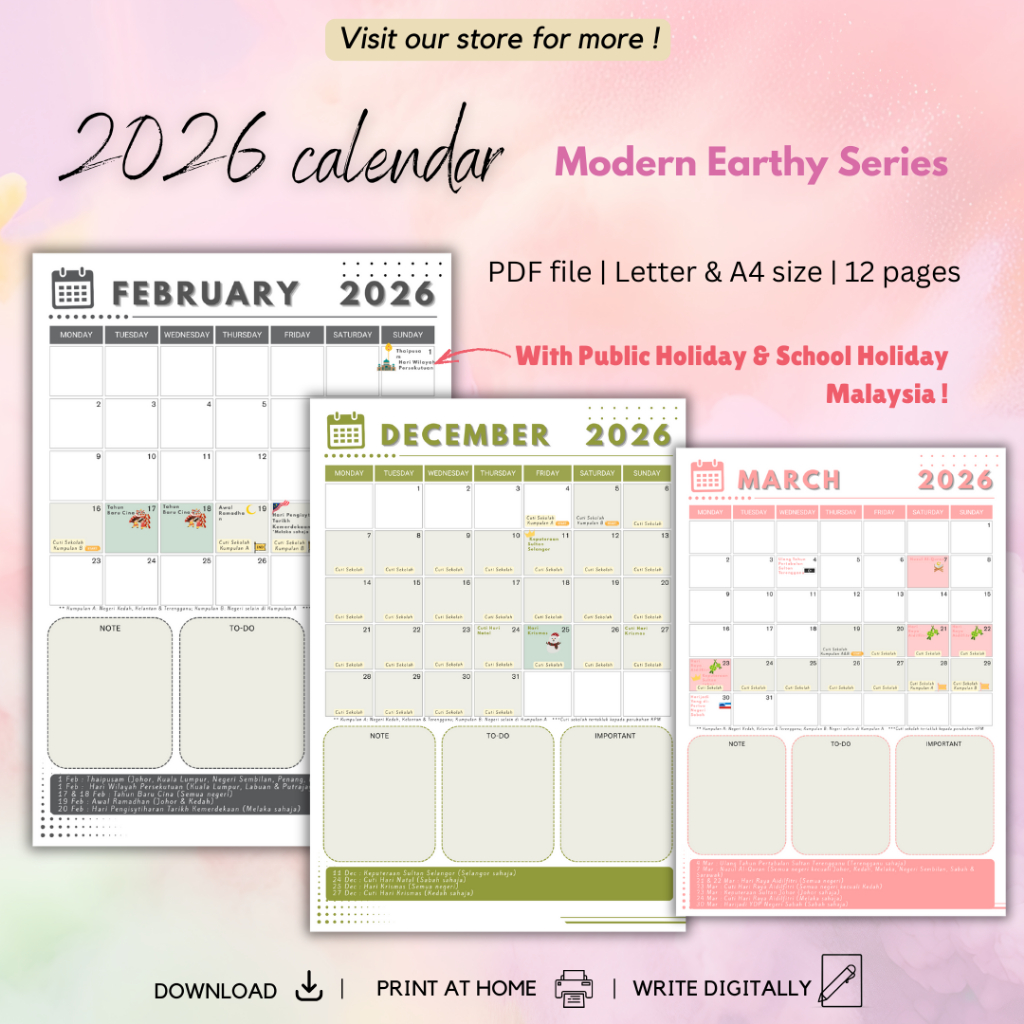 2026 Malaysia Calendar | Printable & Digital PDF | With Public Holiday