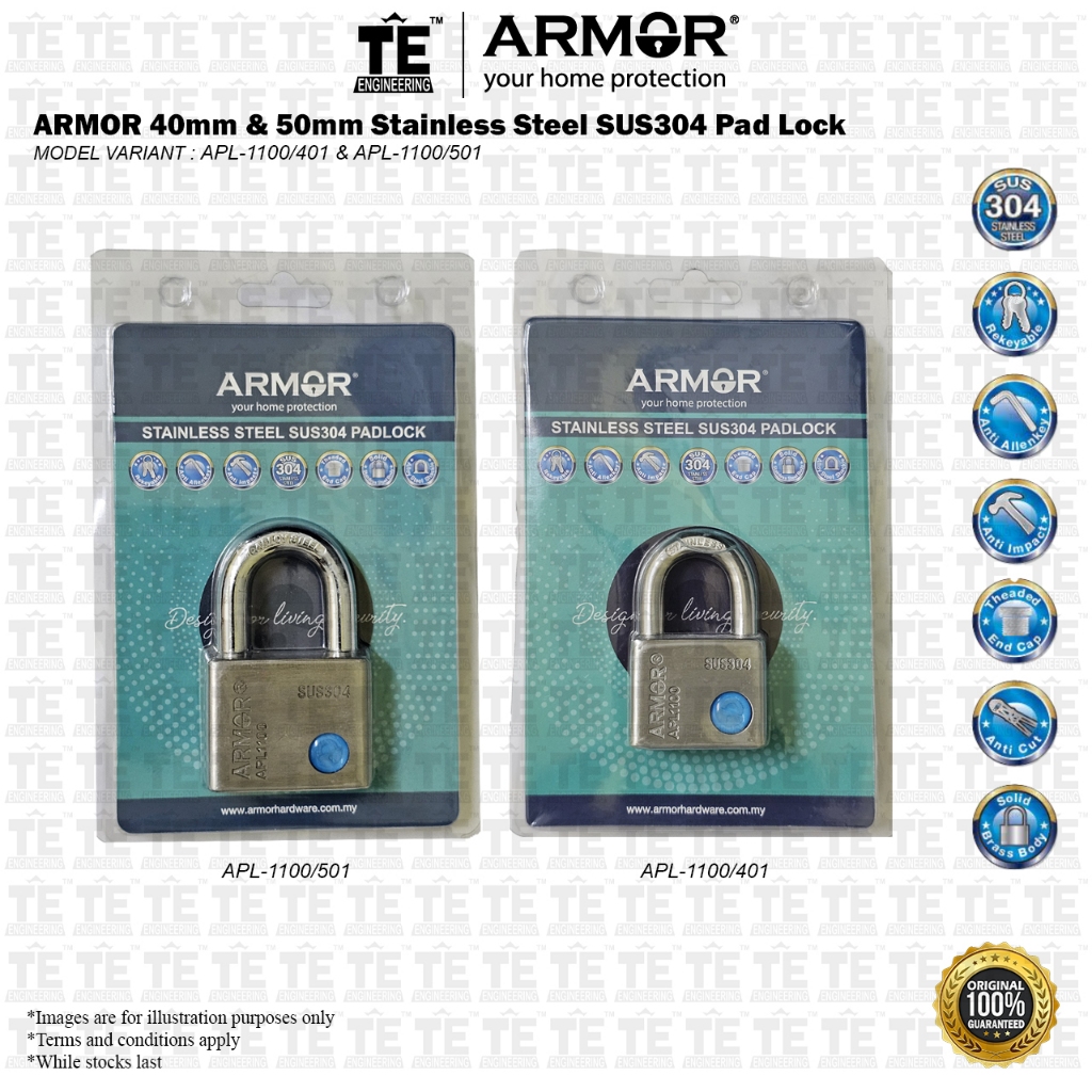 ARMOR 40mm & 50mm Stainless Steel SUS304 Pad Lock APL-1100/401 & APL ...