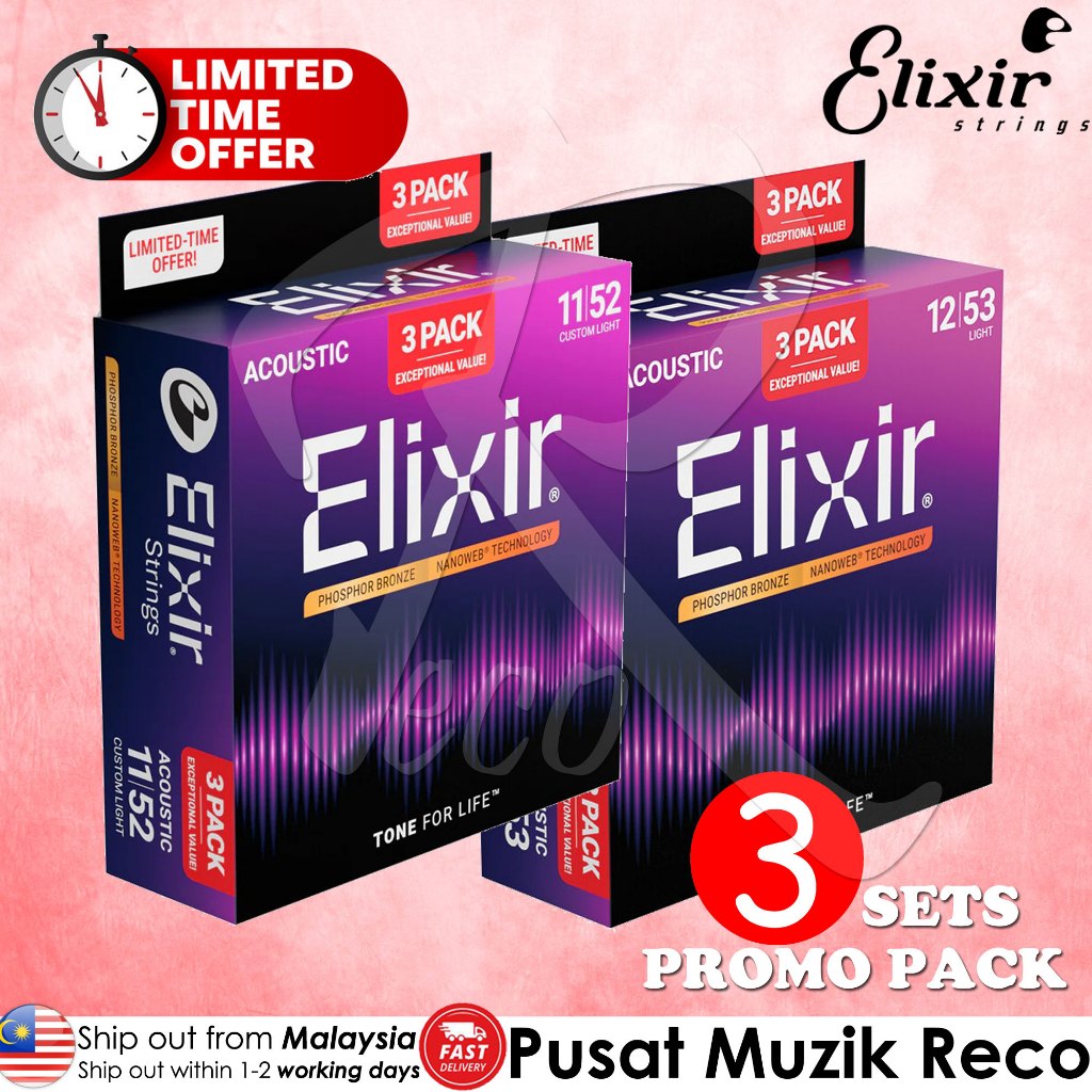 Elixir 3 Pack Nanoweb PHOSPHOR Bronze Acoustic Guitar String SET 16568 ...