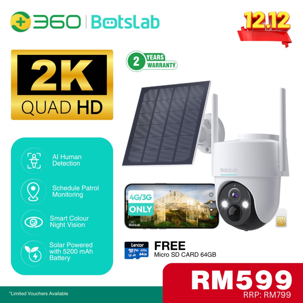Botslab Outdoor Pan/Tilt Camera W314 Solar 3MP 2K 360 Coverage CCTV ...