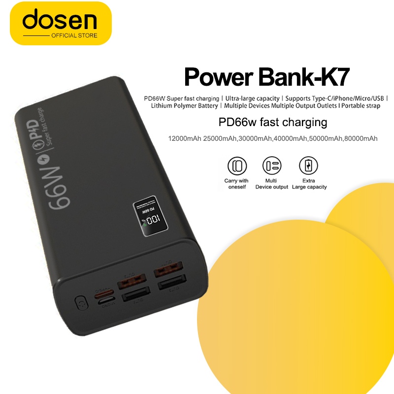 DOSEN Power Bank K7 Fast Charging Four USB Portable Digital Display Black White(PD66W/50000mAh 30000mAh 12000mAh)