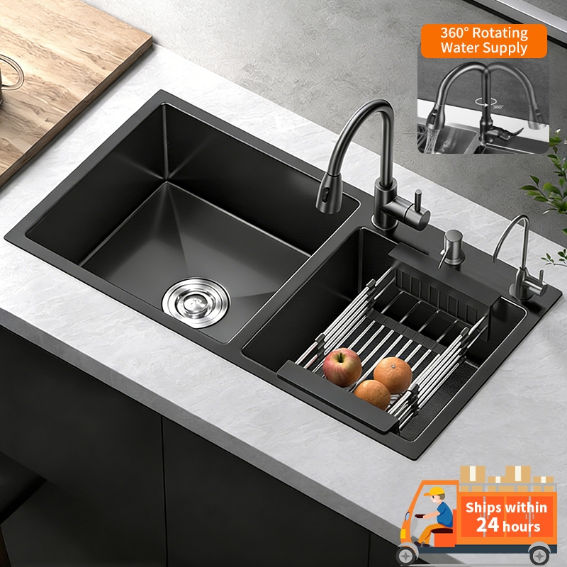 FREE Faucet Large Double Bowl Nano Coating Kitchen Sink Anti Oil Besi ...